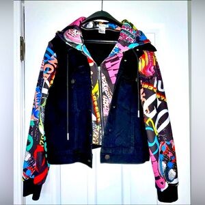 OO LALA Colorful Graphic Sleeve Hoodie Jacket Sz.L – Black Denim Front